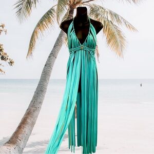 Laser Cut Fringe Maxi Swimsuit Bikini Cover Up Dress Mexico Resort